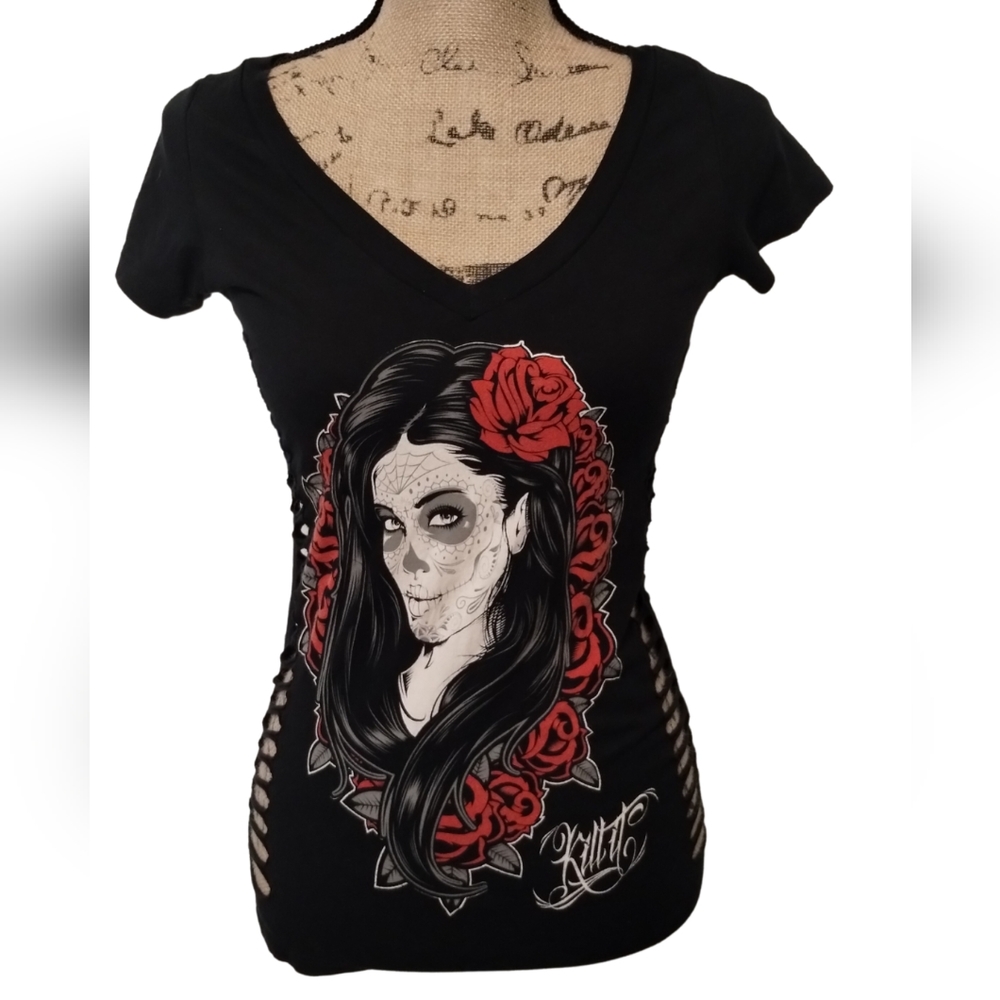 Kill It Sugar Skull Distressed Shirt Size S